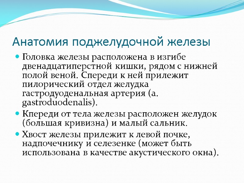 Анатомия поджелудочной железы Головка железы расположена в изгибе двенадцатиперстной кишки, рядом с нижней полой